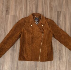 Isaac Mizrahi Live Women's Full Zip Brown Suede Leather Jacket